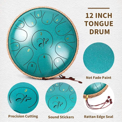 Miniatura 3 de Tambor de lengua de acero - 12 pulgadas 15 notas, tambores de lengua para niños y adultos, handpan de acero con mazos de tambor, hang drum con libro