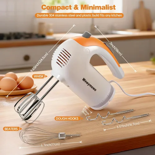 Miniatura 6 de Batidora de mano eléctrica de 300 W, batidora de cocina de mano de 5 velocidades con batidores de acero inoxidable 304, ganchos para masa y batidor