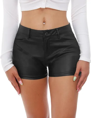 Miniatura 4 de RAMISU Pantalones cortos de mezclilla ajustados y elásticos para mujer, con aspecto de cuero, con bolsillos