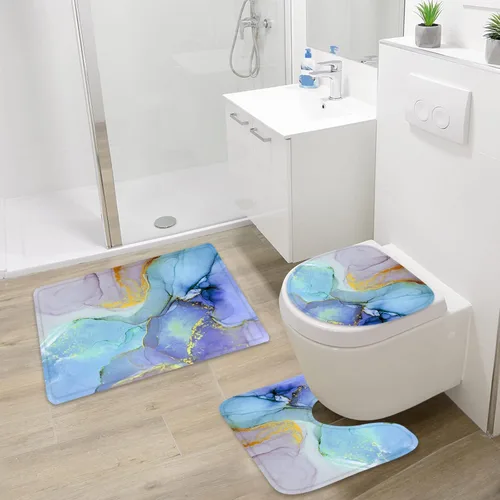 Miniatura 3 de Gibelle Juego de 4 cortinas de ducha de baño con alfombras antideslizantes, cubierta para tapa de inodoro y tapete de baño, juego de decoración