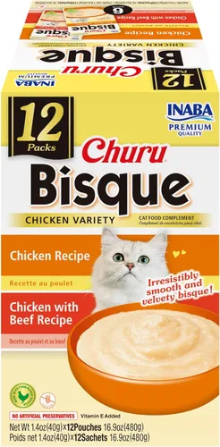Miniatura 13 de INABA Churu Bisque para gatos, plato de puré cremoso para lamer con vitamina E, 1.4 onzas por bolsa, 12 bolsas, receta de pollo