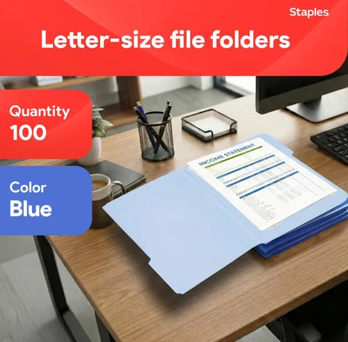 Miniatura 2 de Staples Carpetas de archivos, tamaño carta, pestañas superiores de corte 1/3, azul, papel duradero de 10.5 puntos, paquete de 100