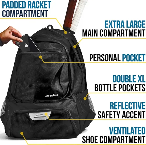 Miniatura 4 de Athletico Mochila de tenis Premier – Bolsa de tenis con capacidad para 2 raquetas en compartimento acolchado Compartimento ventilado separado