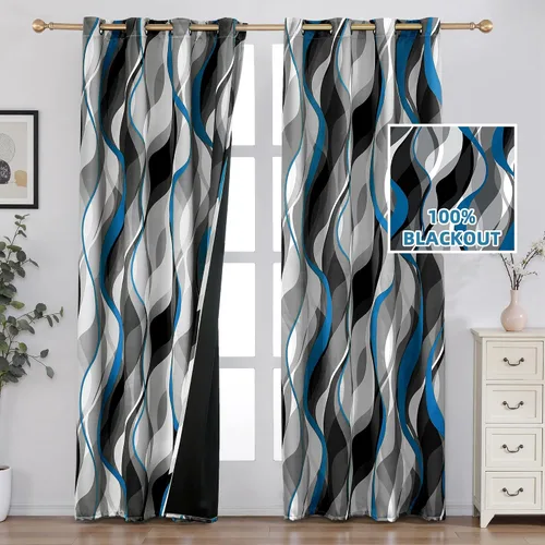 Miniatura 2 de weesire - Cortinas opacas azules y grises modernas con rayas decorativas, 100% bloqueo de luz, oscurecimiento con ojales, cortina azul para sala