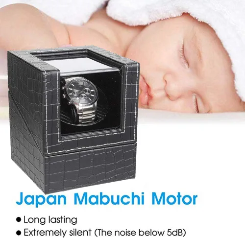 Miniatura 2 de Bobinadora automática de un solo reloj, en carcasa de madera y cuero negrocuero de fibra de carbono, motor japonés