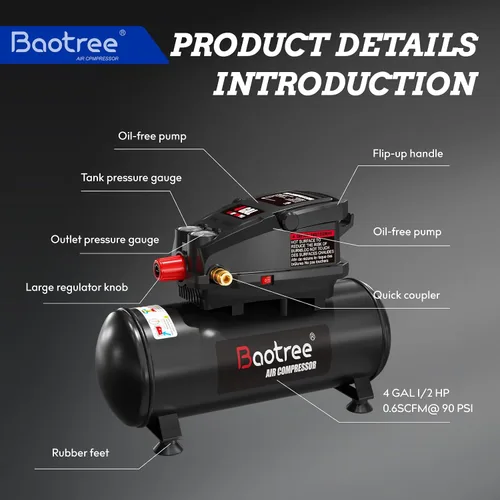 Miniatura 4 de Baotree Compresor de aire portátil de 8 galones, tanque de compresor de aire libre de aceite máximo de 150 PSI, motor de 2 HP 2.8 SCFM a 90 PSI