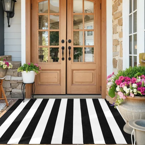 Miniatura 13 de KIMODE - Alfombra de algodón tejida con diseño a rayas en color negro, para puerta de entrada, cocina, decoración de estilo rústico