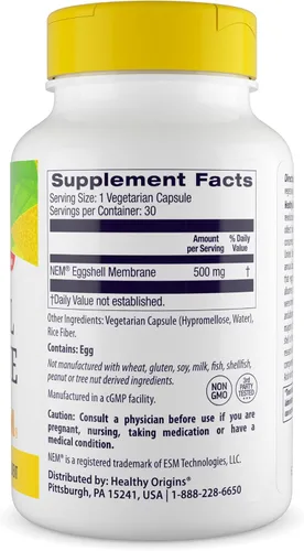 Miniatura 2 de Healthy Origins Membrana de cáscara de huevo NEM de 500 mg, 30 cápsulas vegetarianas, estudiadas clínicamente, de origen estadounidense, suplemento
