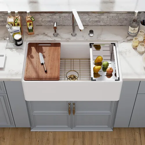 Miniatura 8 de Farm - Fregadero de cocina reversible con 24 unidades, color blanco, 24 x 18 pulgadas, delantal frontal de porcelana blanca, de cerámica y arcilla