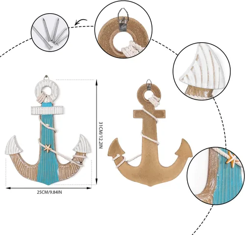 Miniatura 2 de Asense Arte para colgar en la pared, ancla de madera con cuerda, decoración de pared temática náutica, decoración del hogar, temática de playa, 9.8