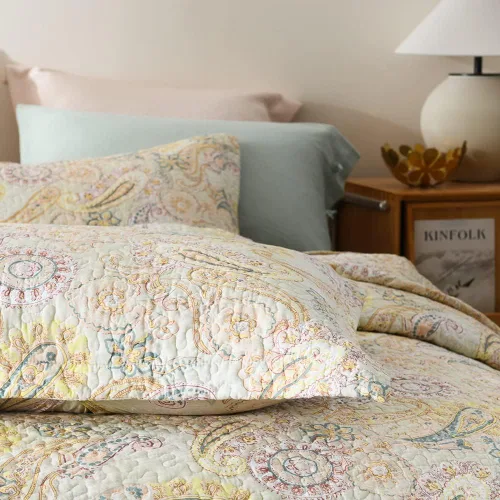 Miniatura 6 de ENASAL - Juego de colcha de algodón, juego de cubrecama reversible Comforter, colcha con estampado floral de cachemira (Amarillo, tamaño King)