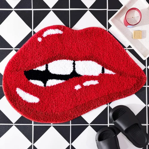 Panstar Alfombra de baño de labios rojos, bonita y divertida alfombra de baño con forma de labios mordedores, antideslizante, absorbente, alfombra
