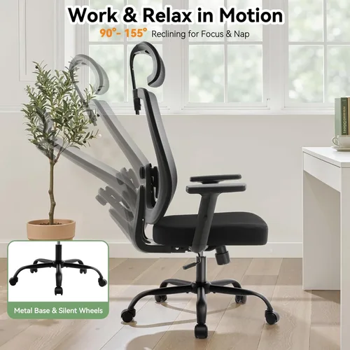 Miniatura 4 de Silla ergonómica de oficina con respaldo alto de malla, silla de escritorio de oficina con soporte lumbar ajustable, sillas de trabajo rodantes