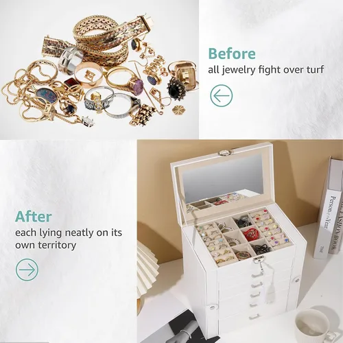 Miniatura 6 de BOOVO Joyero para mujer, organizador de joyas grande de 6 capas con espejo, caja de almacenamiento multifunción con cerradura, soporte