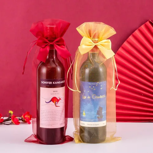 Miniatura 4 de Paquete de regalo para fiesta de celebración, bolsas de vino de organza doradas, 20 bolsas con cordón para botellas con lazo, bolsas de regalo