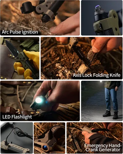 Miniatura 3 de VIPERADE VAK6 Multiherramienta de supervivencia con cuchillo plegable, linterna LED, encendido por pulso y generador de manivela, cuchillo