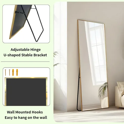 Miniatura 3 de Sunniry Espejo de suelo dorado de 48 x 16 pulgadas, espejo de cuerpo completo con marco de metal de aluminio, espejos de piso para guardería