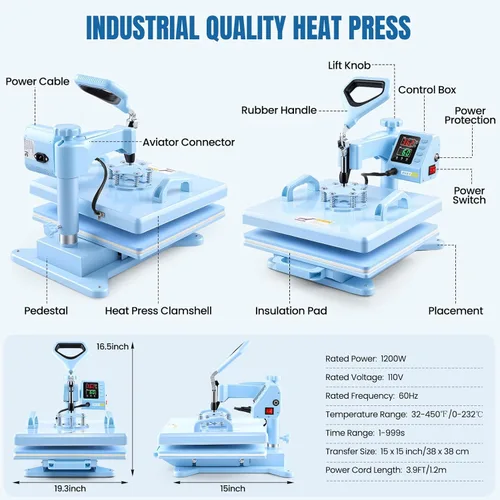 Miniatura 7 de WHUBEFY Prensa de calor, máquina de prensa de camisas de 15 x 15 pulgadas 8 en 1 con accesorio de vaso de 30 onzas, máquina de sublimación digital