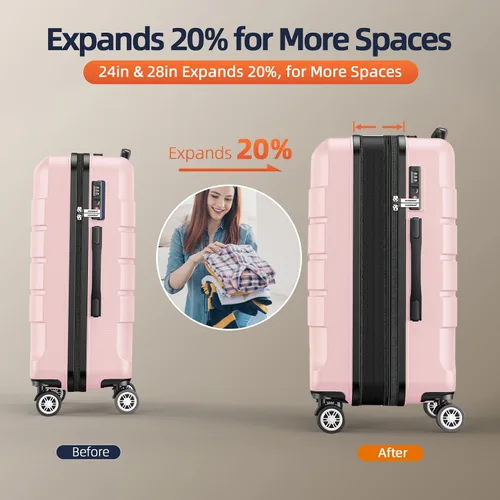 Miniatura 5 de SHOWKOO Sets de equipaje, maleta ampliable con doble ruedas, bloqueo TSA, 3pcs, RosaRebel Fun.