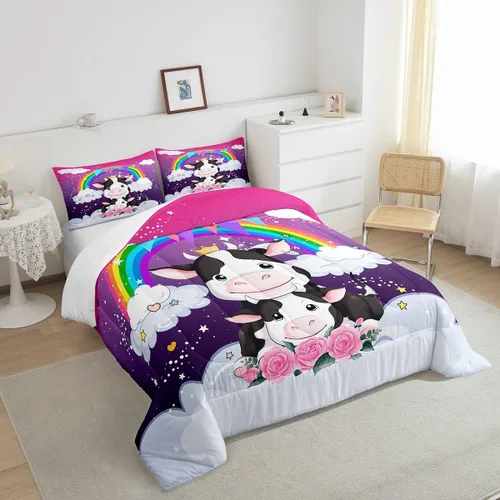 Miniatura 4 de Erosebridal Juego de edredón de animales tamaño individual, juego de ropa de cama de vaca lechera de dibujos animados para niños y niñas