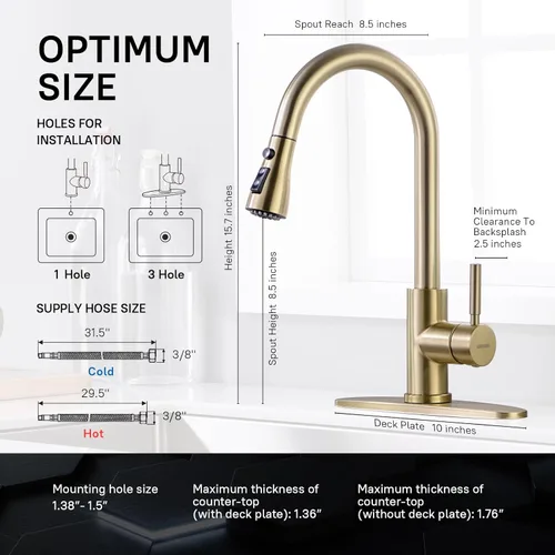 Miniatura 2 de Grifo de cocina dorado cepillado con rociador extraíble WEWE, grifo de cocina dorado monomando de acero inoxidable latón cobre comercial RV 1 o 3