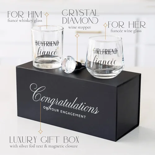 Miniatura 2 de Regalos de Compromiso Newlywoo para Parejas - ¡Regalo Único de Prometido para Él o Ella! Vasos de Vino de Whiskey con Tapón de Vino de Diamante