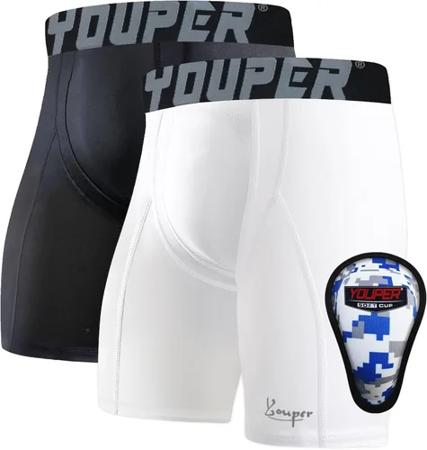 Miniatura 7 de Youper Pantalones cortos deslizantes de compresión para niños con copa protectora suave para béisbol, fútbol, hockey (paquete de 2)