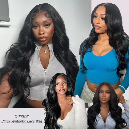 Miniatura 7 de X-TRESS Pelucas sintéticas de encaje frontal negro para mujeres, 28 pulgadas para usar y llevar, sin pegamento, raya en medio, peluca de encaje