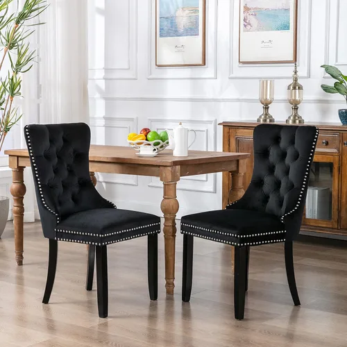 Miniatura 35 de Juego de 2 sillas de comedor de terciopelo, sillas decorativas tapizadas con botón acolchonado, ribete de cabeza de clavo y tirador de anillo Naranja