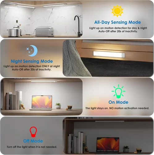 Miniatura 3 de Luces con sensor de movimiento para debajo del gabinete, luz magnética recargable debajo del armario, barra de luz nocturna inalámbrica adhesiva