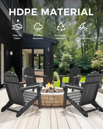 Miniatura 7 de Silla Adirondack plegable, silla Adirondack de HDPE con 2 soportes para tazas, sillas para fogatas al aire libre de fácil montaje para patio, Negro