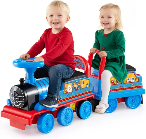 Miniatura 10 de OLAKIDS Tren para niños con pista, juguete eléctrico de 6V con luces y sonidos, reposapiés retráctil, almacenamiento debajo del asiento, tema