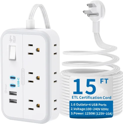 Miniatura 10 de Regleta de alimentación NTONPOWER con cable de extensión plano de 25 pies, con 6 salidas y 4 puertos USB (2 USB C), enchufe plano, múltiples Blanco