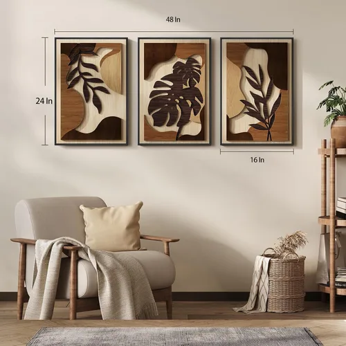 Miniatura 5 de Arte de pared de madera 3D con textura bohemia 3D para dormitorio, 3 piezas de arte de madera tallada botánica tropical para paredes, hoja de Marrón