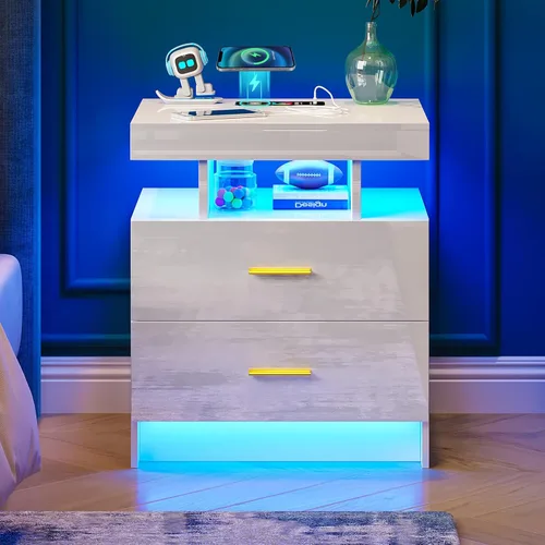 Miniatura 9 de WOOVIVS Juego de 2 mesitas de noche con estación de carga USB/tipo C/inalámbrica, mesitas de noche blancas con luces LED RGB automáticas, juego de 2