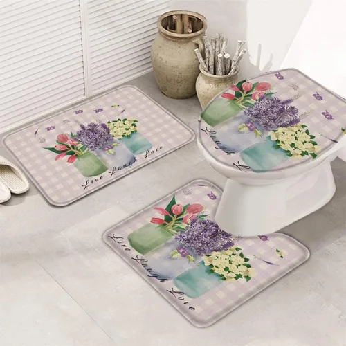 Juego de alfombras de baño de 3 piezas, diseño floral antideslizante, tapete de contorno y tapa de inodoro, tapetes de ducha absorbentes, juego de
