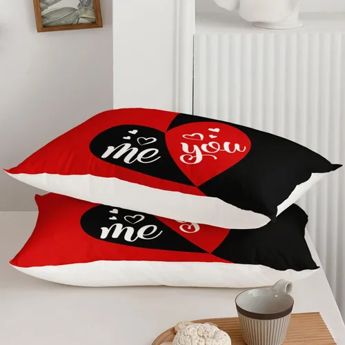 Miniatura 3 de AILONEN - Juego de funda de edredón tamaño individual, diseño de corazones para parejas, juego de ropa de cama rojo y negro, diseño "Yo y tú", juego