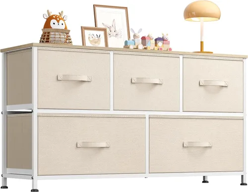Miniatura 9 de WLIVE Cómoda para dormitorio con 5 cajones, cómoda ancha, cómoda de tela, unidad organizadora de almacenamiento con contenedores de tela