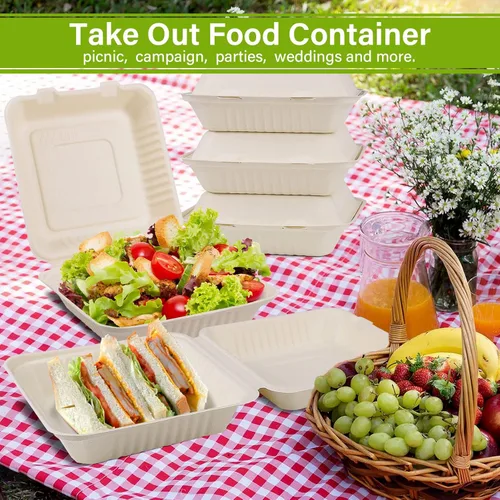 Miniatura 2 de greensight Contenedor de comida compostable para llevar 8 x 8, paquete de 50 cajas de comida desechables para llevar, contenedor de alimentos 8x8