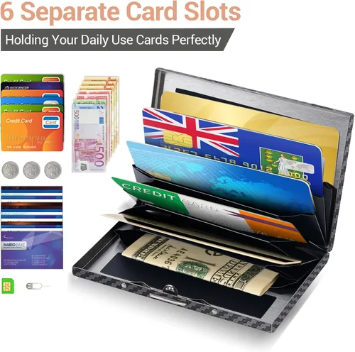 Miniatura 54 de BONSYL® Soporte para tarjetas de crédito, cartera delgada de metal con bloqueo RFID, con 6 ranuras para tarjetas, para mujeres y hombres.