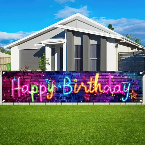 BlissYard Cartel de cumpleaños neón que brilla en la oscuridad, 78 x 17 pulgadas, color neón, perfecto para fiestas de cumpleaños en interiores y
