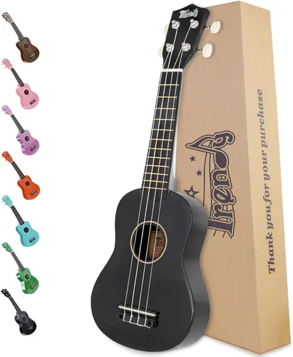 Ukelele soprano de moda para principiantes de 21 pulgadas. Ukelele hawaiano para niños, adultos y estudiantes con bolsa de concierto (negro)