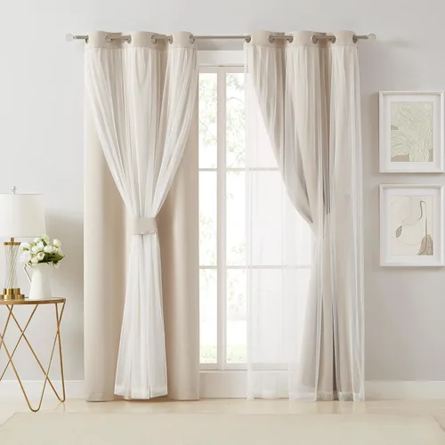 Miniatura 5 de Bujasso Cortinas 80% Opacas Beige con Superposición de Gasa Mezcla y Combinación Paneles de Ventana con Aislamiento Térmico de Doble Capa de 63