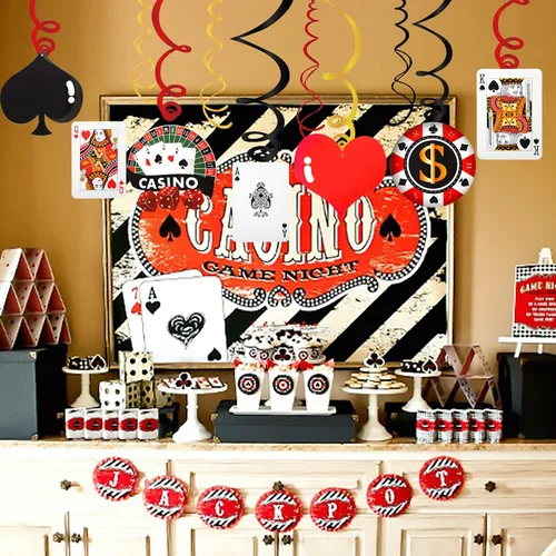Miniatura 7 de 30 piezas de remolinos colgantes de casino para fiestas temáticas de póquer, decoración de techo para fiesta de cumpleaños de Las Vegas Casino Night