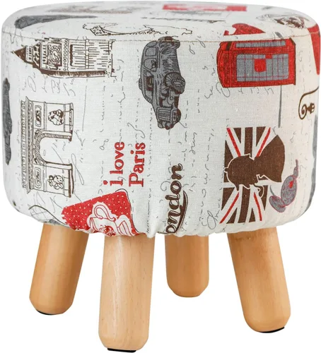 H&B Luxuries Taburete otomano acolchado redondo de tela (4 patas, beige vintage)