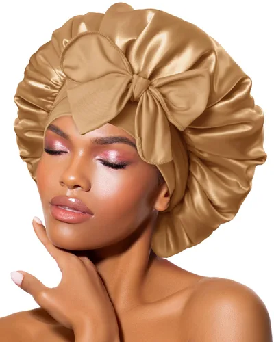 Miniatura 30 de Gorro de satén de seda para dormir con banda ancha para cabello rizado, color rosado oro rosa claro