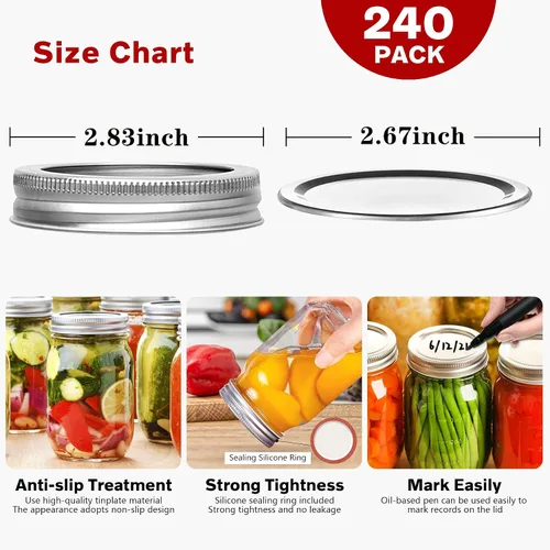 Miniatura 2 de SLifeJars Tapas y anillos para conservas de boca regular, 240 tapas y anillos para tarros Mason de 2.756 in y anillos para enlatado de boca regular