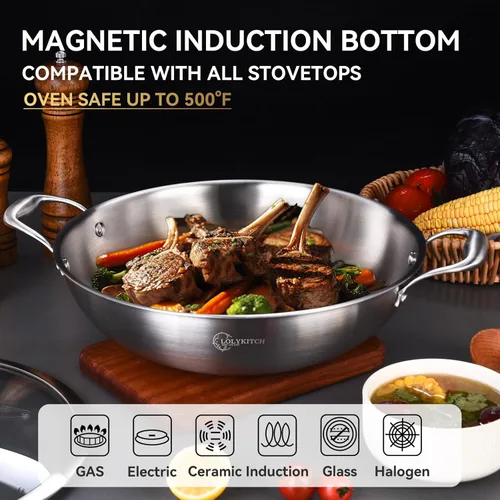 Miniatura 3 de LOLYKITCH Sartén wok de acero inoxidable de tres capas de 12 pulgadas con tapa, Kadai, olla de inducción de 5 cuartos de galón, apta