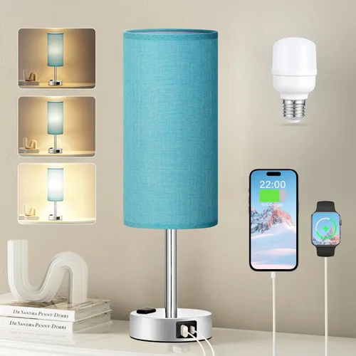 Miniatura 35 de Fenmzee Juego de lámparas de mesa pequeñas táctiles regulables de 2 a 3 vías, carga USB A + C, salida de CA, base de grano de madera, bombillas
