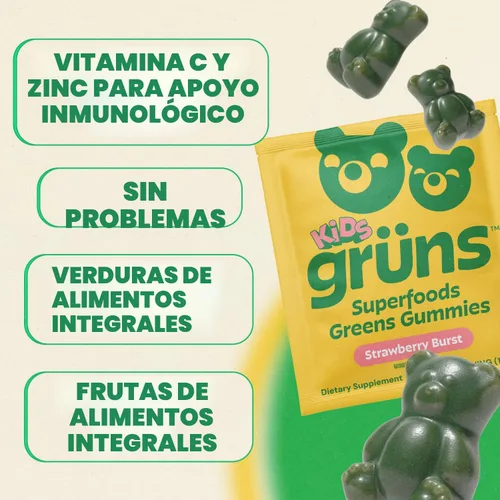 Miniatura 5 de Gruns Multivitamínico para niños, gomitas Super Greens, más de 20 vitaminas y minerales, espirulina, clorella, alfalfa, fibra prebiótica